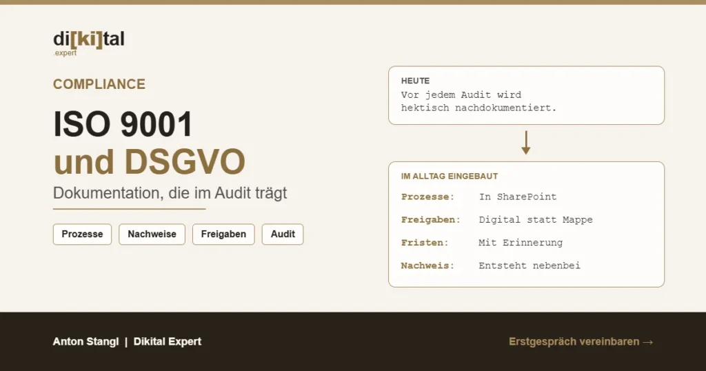 Grafik: ISO 9001 und DSGVO – Dokumentation im Alltag mit SharePoint, digitalen Freigaben und Fristen-Erinnerungen